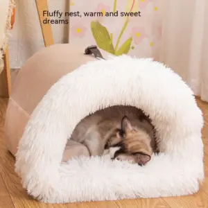 Semi-Enclosed Warm Pet Bed – Plush Cat Cave & Small Dog Nest