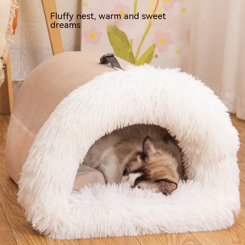 Semi-Enclosed Warm Pet Bed – Plush Cat Cave & Small Dog Nest