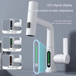Pull-Out Bathroom Faucet with Digital Temperature Display