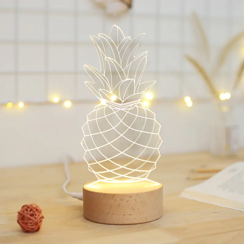 Pineapple Bedside Lamp – Wood & Acrylic LED Night Light, USB
