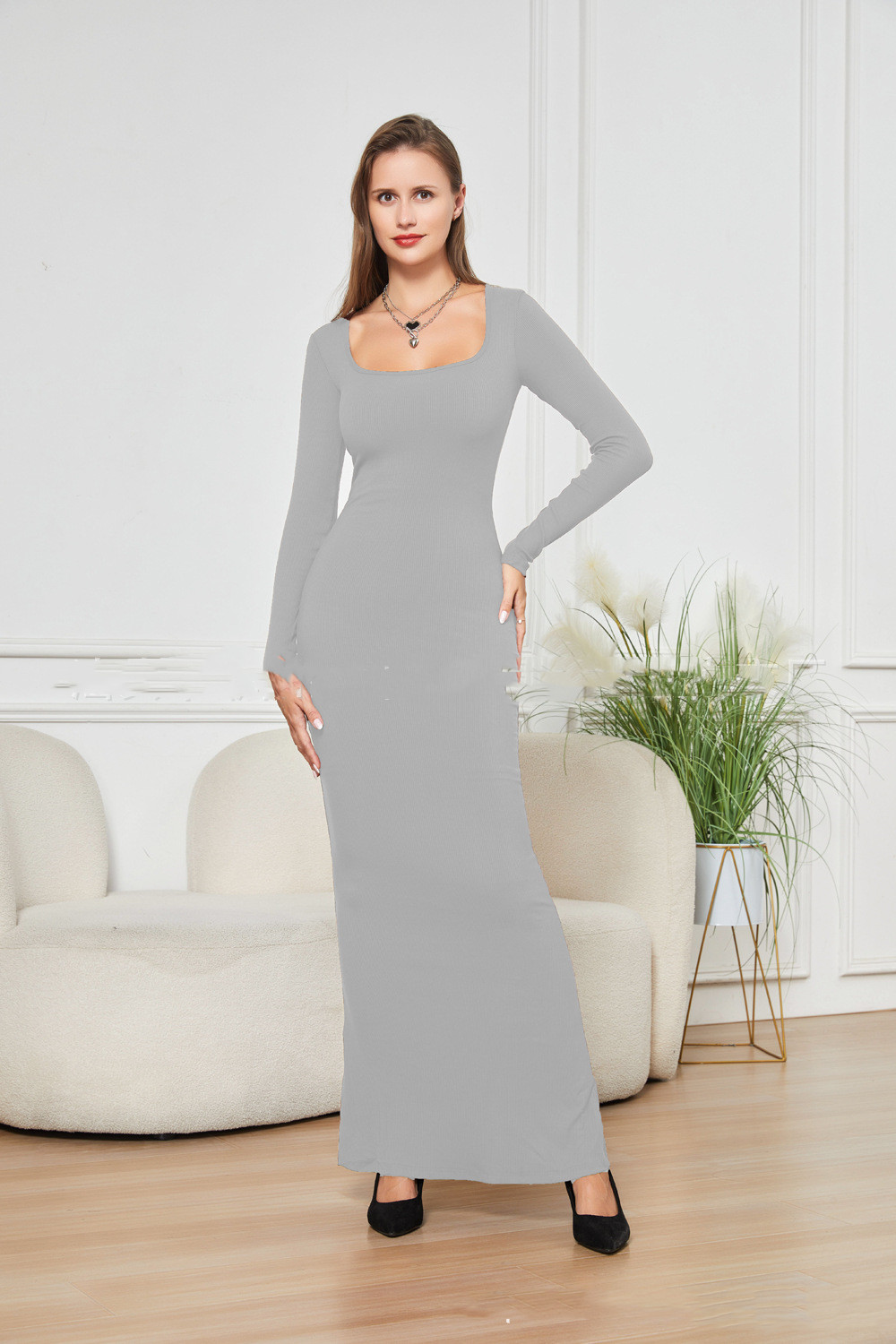 Two-in-one With Lining Double-layer Belly Contracting Hip Lifting Long Sleeve Narrow Dress - Image 5