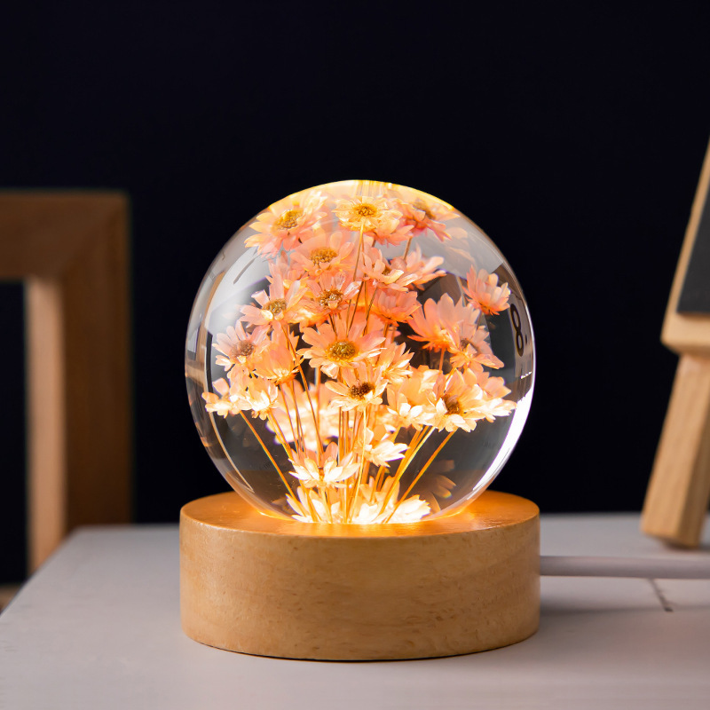 Luminous 3D Dandelion Crystal Ball Beech Wood Stand Base Preserved Flower Sphere Ball Desktop Ornaments Bithday Christmas Gifts - Image 3