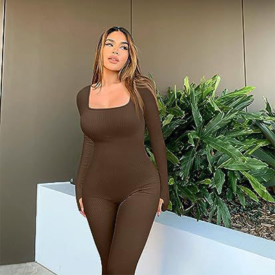 Women's Yoga Sports Fitness Jumpsuit Workout Long Sleeve Square Collar Clothing - Image 5
