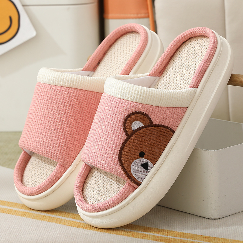 Cute Cartoon Bear Linen Slippers For Women Indoor Non-slip Sweat-absorbent Breathable Slip On Floor Bedroom Slipper House Sho