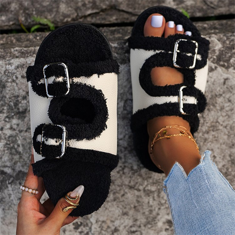 Autumn Winter Slipper Thick Sole Buckle Lamb Swool Slippers For Women Outdoor Gardern Indoor Lazy Plush Shoes – view 7