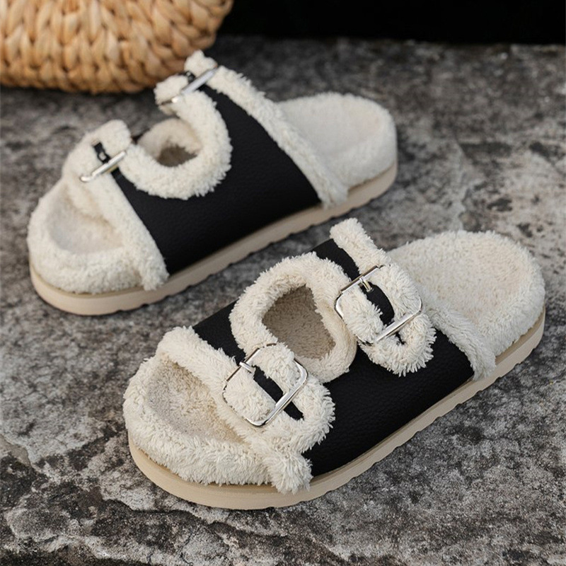Autumn Winter Slipper Thick Sole Buckle Lamb Swool Slippers For Women Outdoor Gardern Indoor Lazy Plush Shoes – view 9