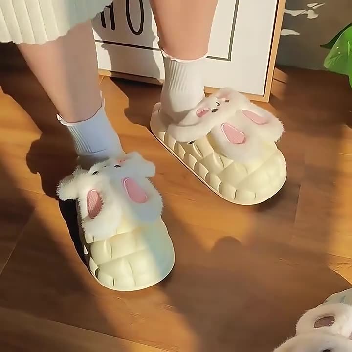 Cute Rabbit Shoes Winter Fuzzy Slippers Women Detachable Washable House Shoes – view 5