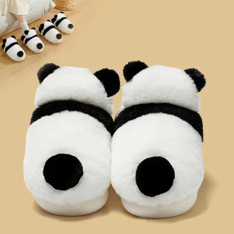 Cute Panda Shoes Winter Plush Slippers Women Warm Cartoon Garden House Shoes Indoor Home Thick Sole Footwear Non-Slip Fluffy 