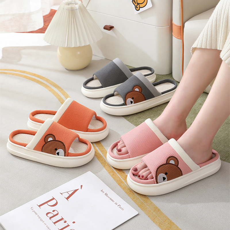 Cute Cartoon Bear Linen Slippers For Women Indoor Non-slip Sweat-absorbent Breathable Slip On Floor Bedroom Slipper House Sho