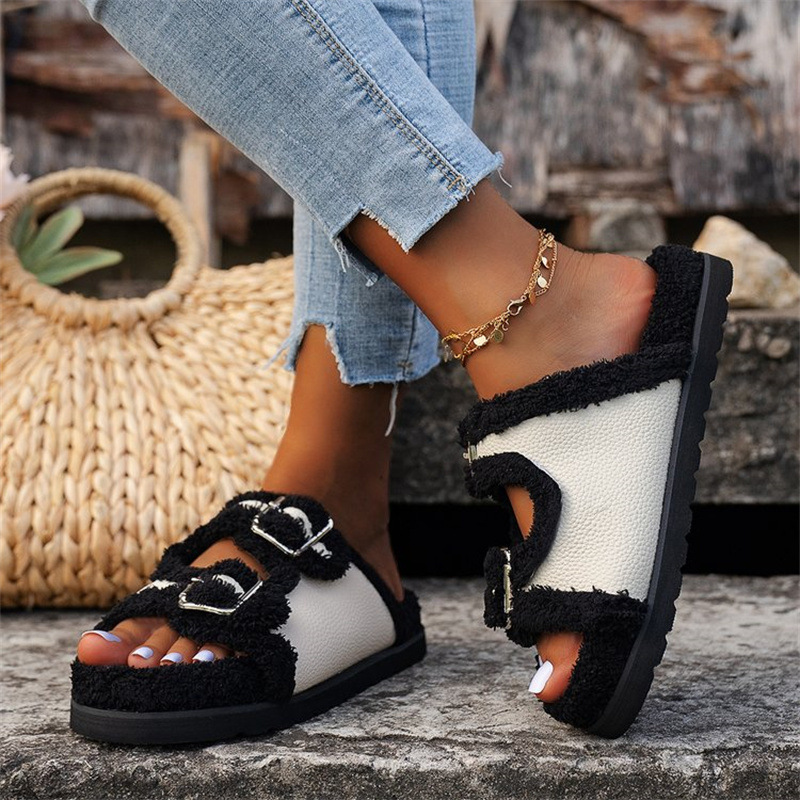 Autumn Winter Slipper Thick Sole Buckle Lamb Swool Slippers For Women Outdoor Gardern Indoor Lazy Plush Shoes – view 4