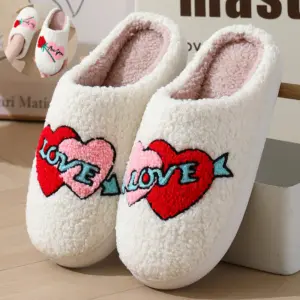 Embroidered Love Slippers – Valentine’s Plush House Shoes