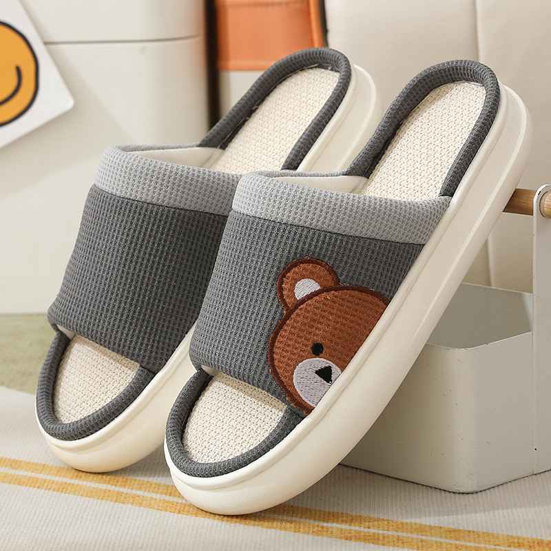 Cute Cartoon Bear Linen Slippers For Women Indoor Non-slip Sweat-absorbent Breathable Slip On Floor Bedroom Slipper House Sho