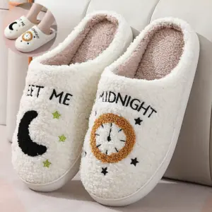 Moon & Clock Print Plush Slippers – White, Non-Slip
