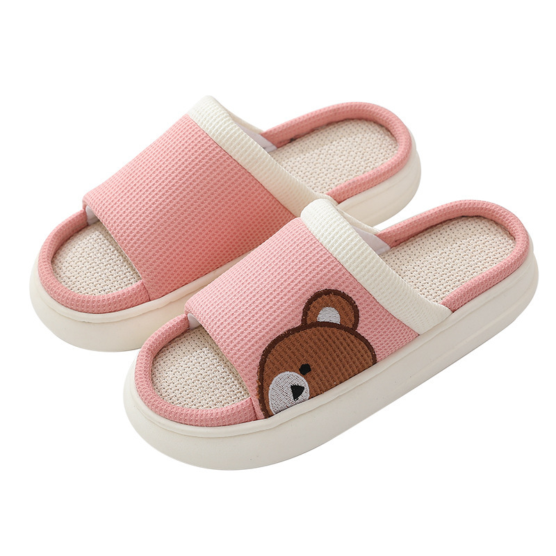 Cute Cartoon Bear Linen Slippers For Women Indoor Non-slip Sweat-absorbent Breathable Slip On Floor Bedroom Slipper House Sho