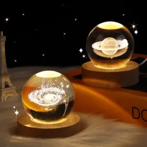 Crystal Ball Night Light with Wooden Base – Moon, Planets & More