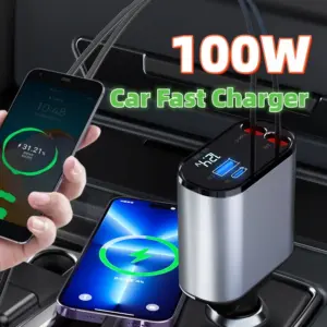 Dual Car Charger – USB-C + USB Fast Charging, Retractable Cable