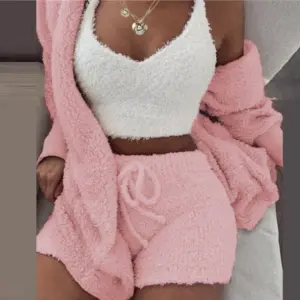 3-Piece Plush Lounge Set – Jacket, Cami & Shorts
