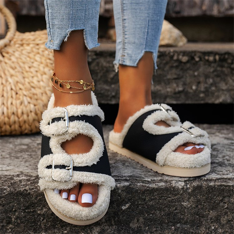 Autumn Winter Slipper Thick Sole Buckle Lamb Swool Slippers For Women Outdoor Gardern Indoor Lazy Plush Shoes – view 3