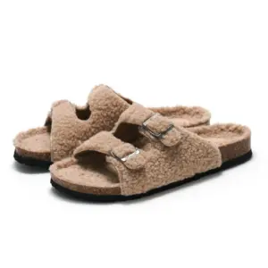 Buckle Strap Fuzzy Slides – Suede-Look, Women