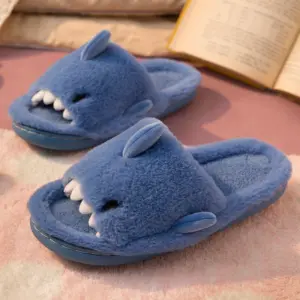 Fluffy Shark Slide Slippers – Open Back, Faux-Fur Lining