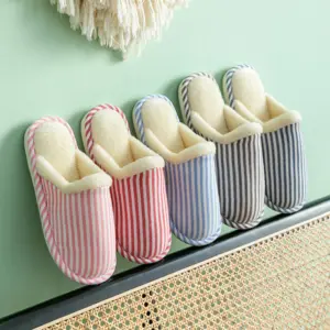 Striped Print Plush Slippers – Thick Sole, Women & Men