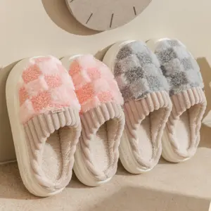Plaid Plush House Slippers – Thick Non-Slip Sole