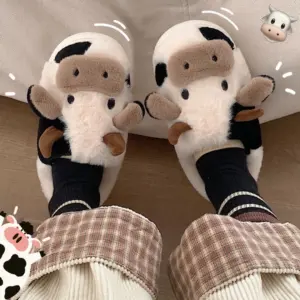 Cute Cow Slippers – Fluffy Plush, Non-Slip