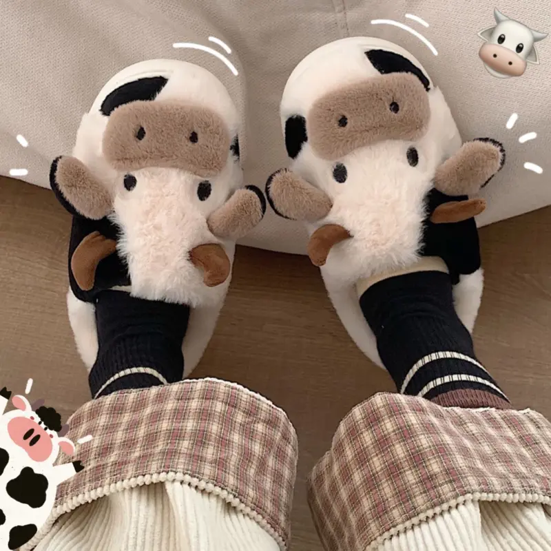 Cute Cow Animal Slipper For Women Girls Fashion Kawaii Soft Fluffy Winter Warm Slippers Woman Cartoon Milk Cow House Slippers