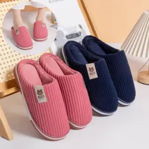 Striped Plush Slippers – Faux-Fur Lined, TPR Sole