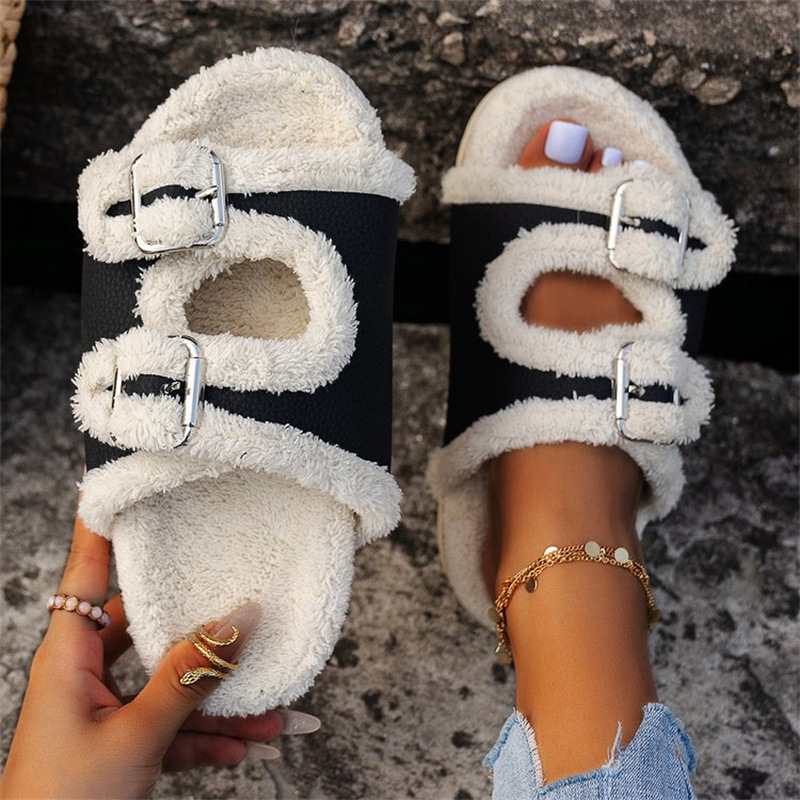 Autumn Winter Slipper Thick Sole Buckle Lamb Swool Slippers For Women Outdoor Gardern Indoor Lazy Plush Shoes – view 5