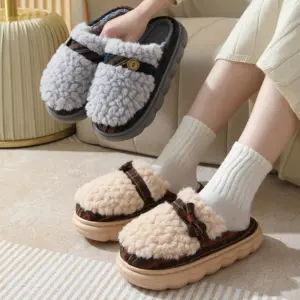 Bow Button Plush Slides – Plaid or Solid, Thick Sole
