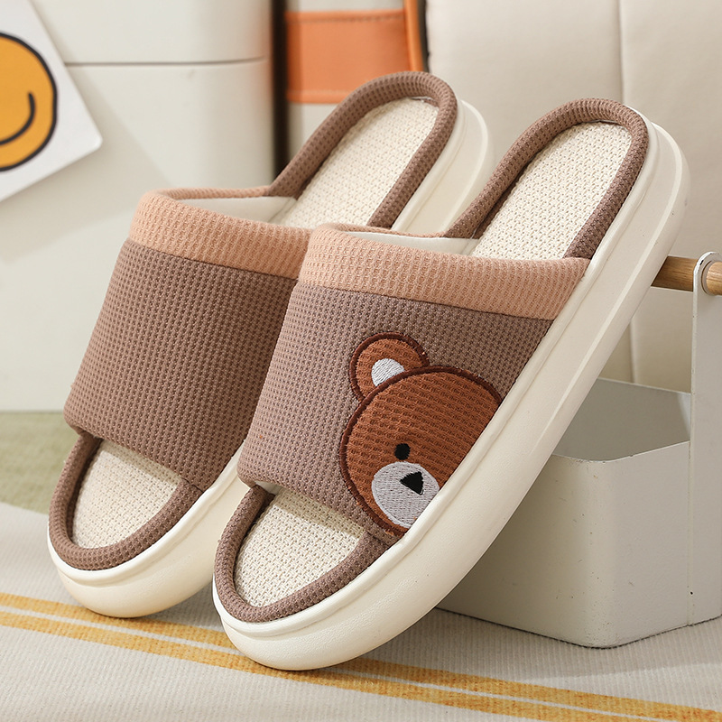 Cute Cartoon Bear Linen Slippers For Women Indoor Non-slip Sweat-absorbent Breathable Slip On Floor Bedroom Slipper House Sho