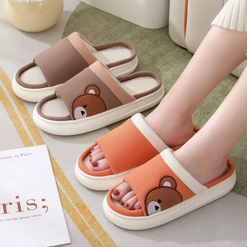 Cute Cartoon Bear Linen Slippers For Women Indoor Non-slip Sweat-absorbent Breathable Slip On Floor Bedroom Slipper House Sho