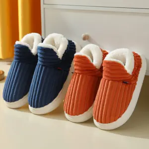 Full-Wrap Platform Cotton Slippers – Fleece Lined, Striped