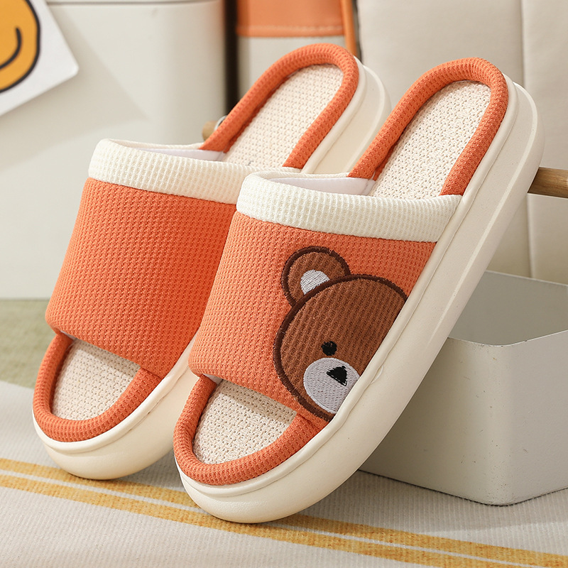 Cute Cartoon Bear Linen Slippers For Women Indoor Non-slip Sweat-absorbent Breathable Slip On Floor Bedroom Slipper House Sho