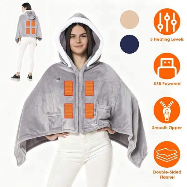 Wearable Heated Blanket Hoodie – USB Flannel, 3 Heat Levels