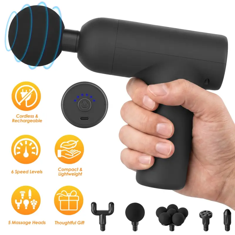 Mini Massage Gun – 6 Speeds, 5 Heads, Deep Tissue