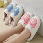 Fuzzy Bow Slippers – Embroidered Coquette Bow House Slippers