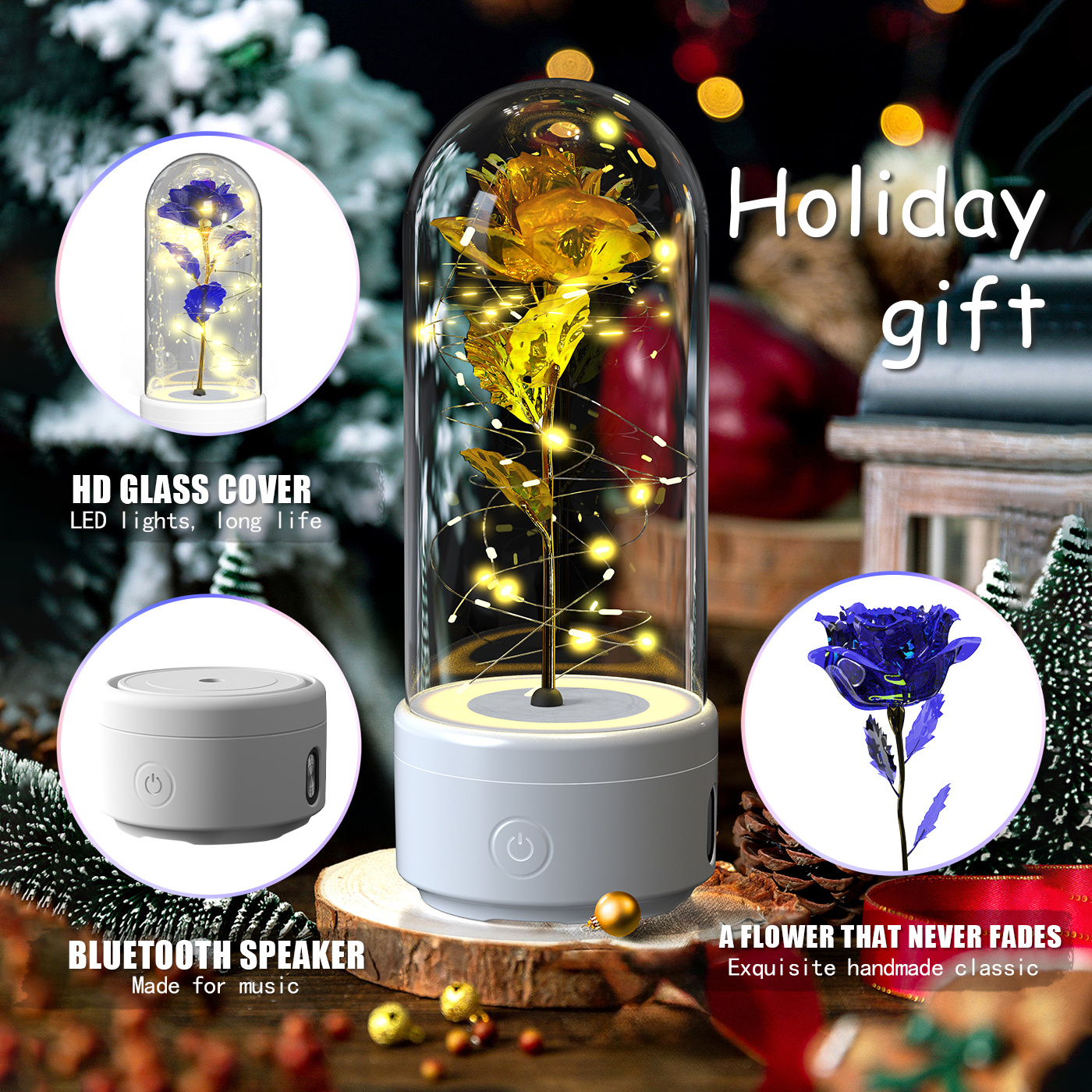 Preserved Rose Lamp with Bluetooth Speaker – LED Glass Dome – view 2